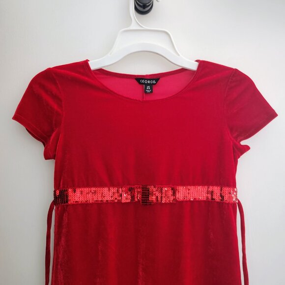 George brand Short sleeve red velour dress with sequined belt (size L 10-12) - Picture 5 of 7